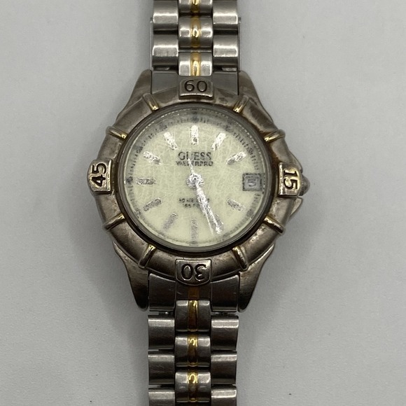 Vintage 1996 Guess Waterpro Watch Women 30mm Silver Gold Tone Date Untested - Picture 1 of 7